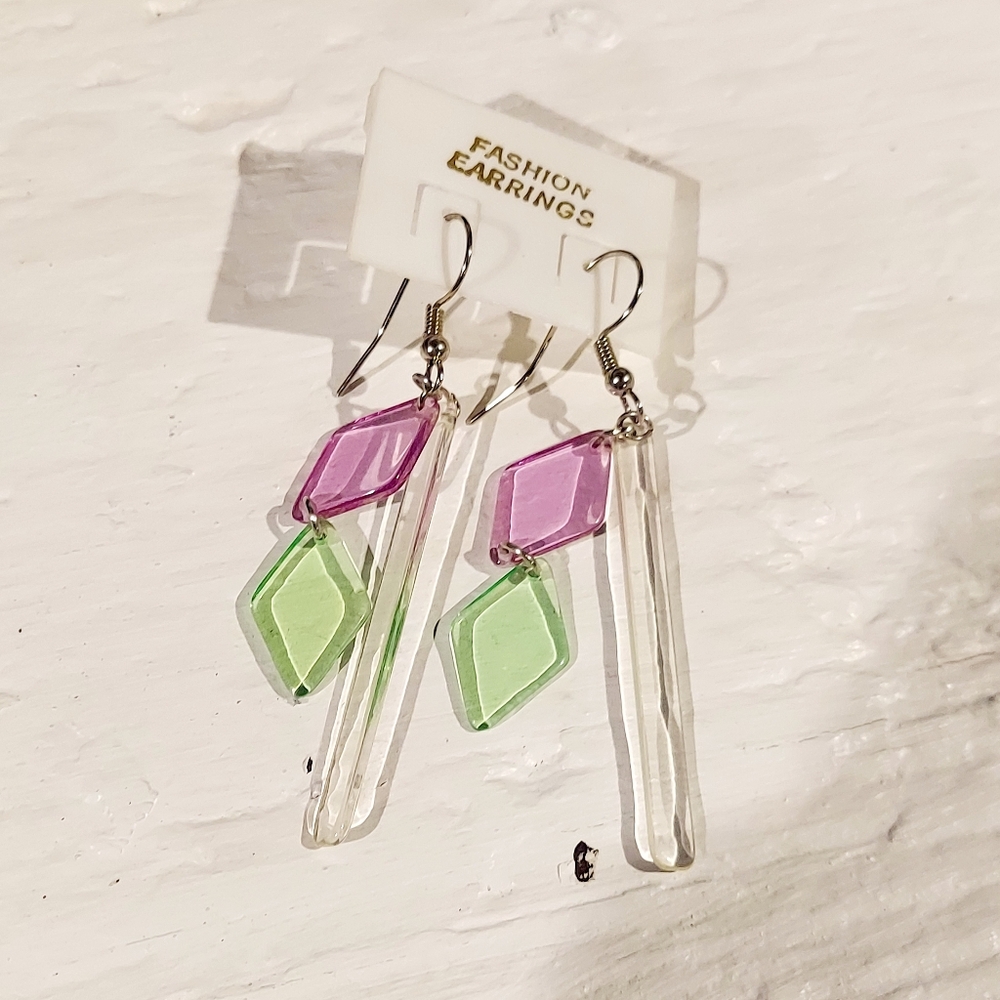 Earrings plastic clear green and pink jewelry